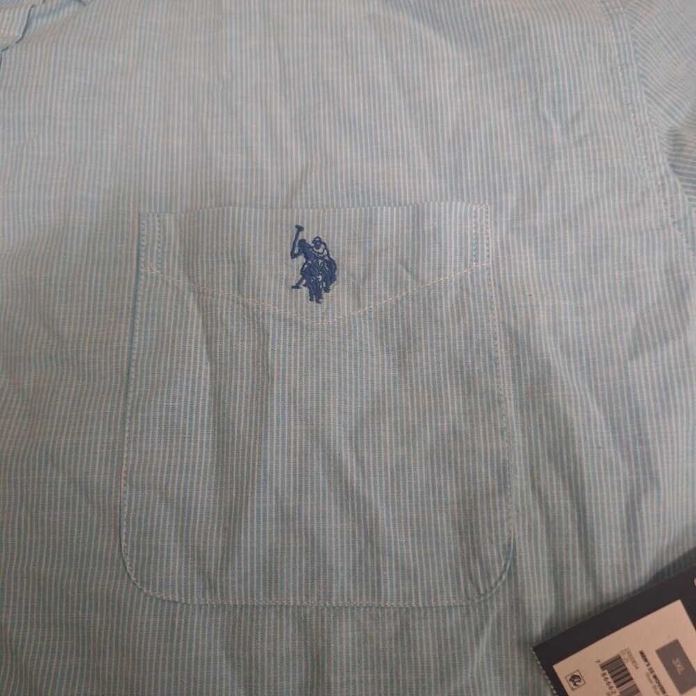 NWT U.S POLO ASSN Light Blue Stripped Men Short Sleeve Button Up Shirt Sz 3XL - Picture 4 of 8